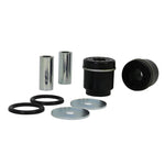 Whiteline KDT923 yellow synthetic elastomer rear differential support outrigger bushings with mounting hardware.