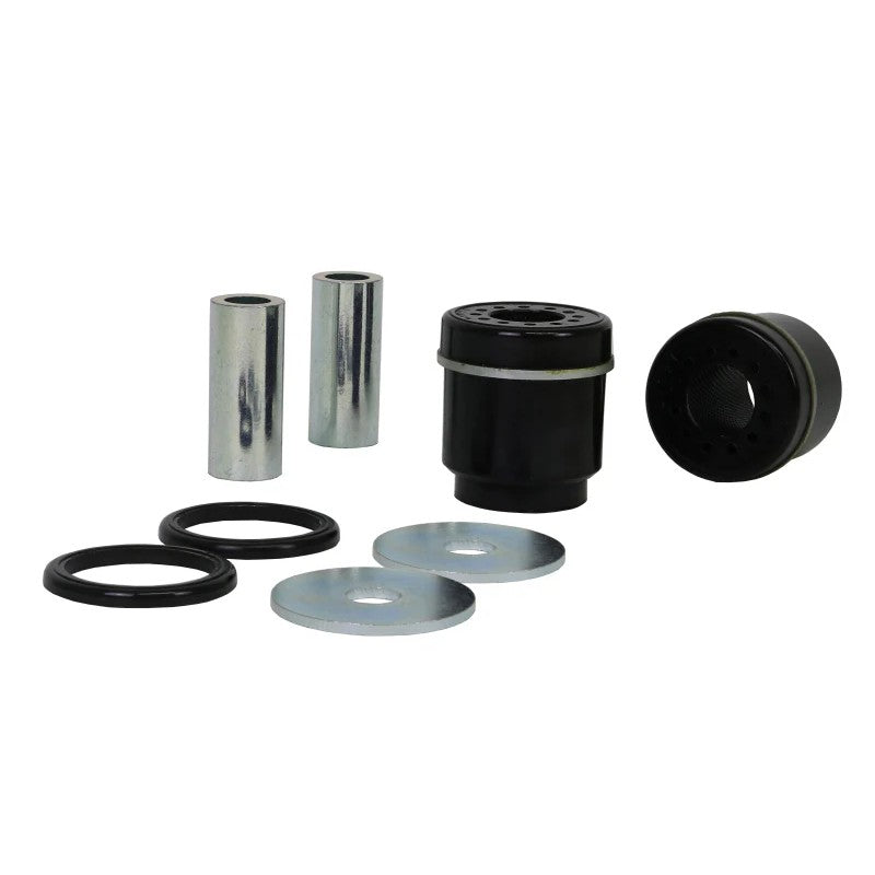 Whiteline KDT923 yellow synthetic elastomer rear differential support outrigger bushings with mounting hardware.
