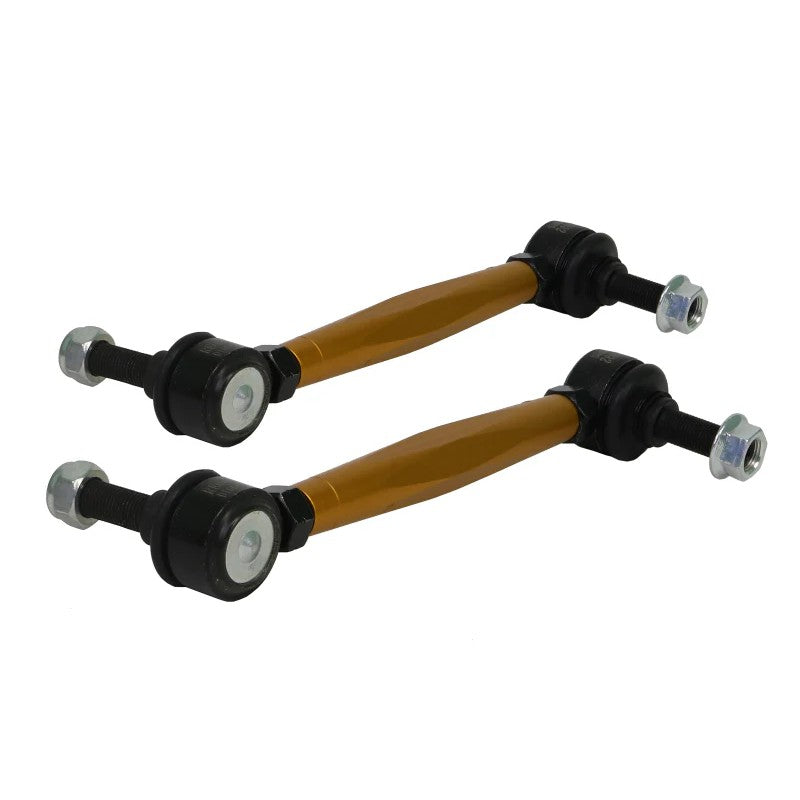 Whiteline KLC179 adjustable front sway bar links featuring gold anodized alloy bodies and heavy duty steel ball joints.
