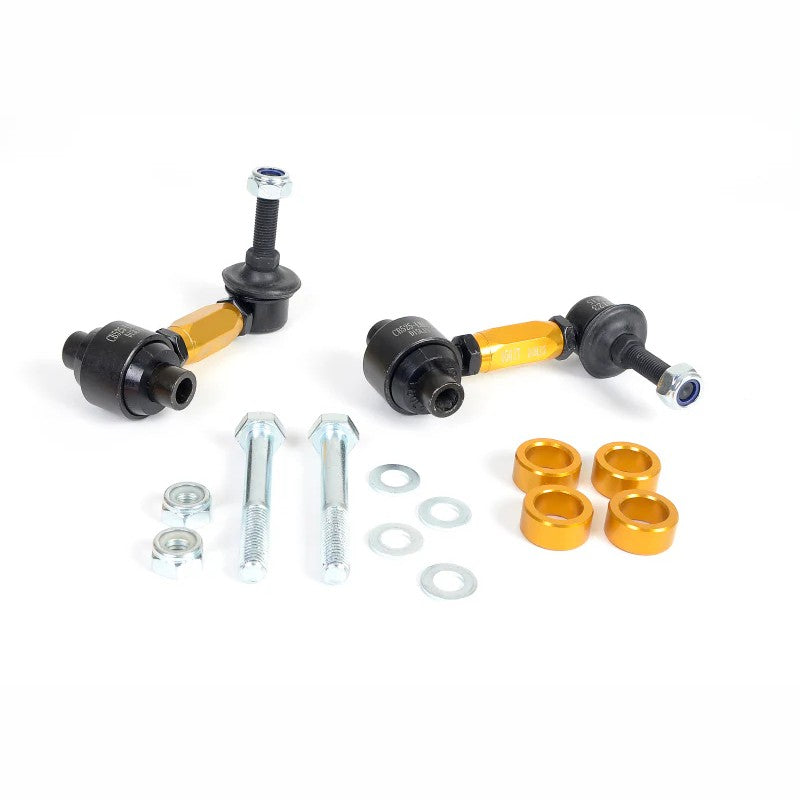 Whiteline KLC182 rear adjustable sway bar link kit featuring gold-colored alloy bodies and 10mm heavy-duty ball joints.