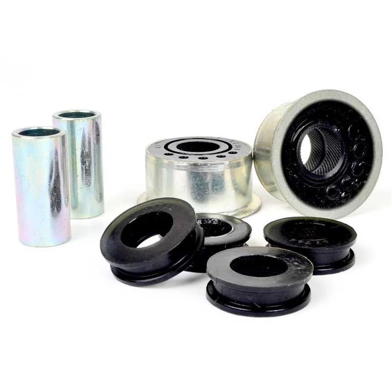 Whiteline KCA434 synthetic elastomer control arm bushings with protective plating and hardware.