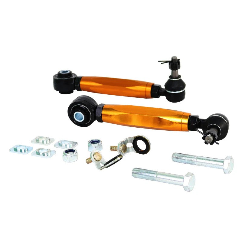 Whiteline KTA147B adjustable rear toe arm with protective gold-zinc plating and installation hardware.