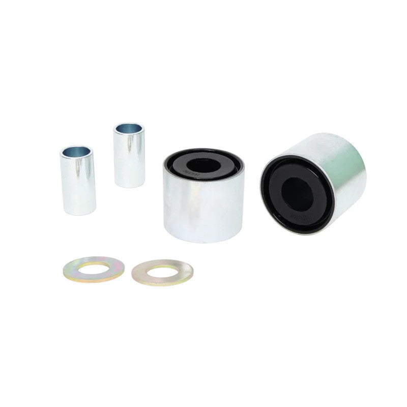 Whiteline W53686 synthetic elastomer lower inner front control arm bushings with steel inner tubes and washers.