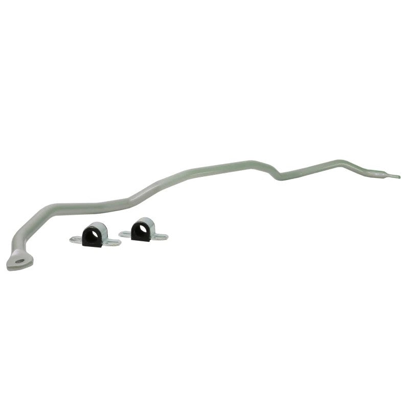 Whiteline BHR95 black 27mm rear sway bar with yellow synthetic elastomer bushings and silver lateral locks.