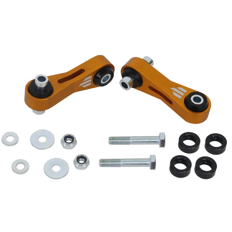 Whiteline KLC231 silver alloy rear fixed sway bar end links with black bushings and zinc-plated mounting hardware.