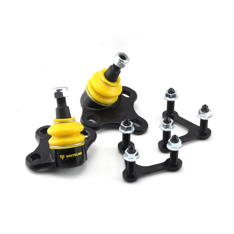 Whiteline KCA472 high-strength steel camber adjustable roll center and bump steer correction ball joint kit with E-coat.