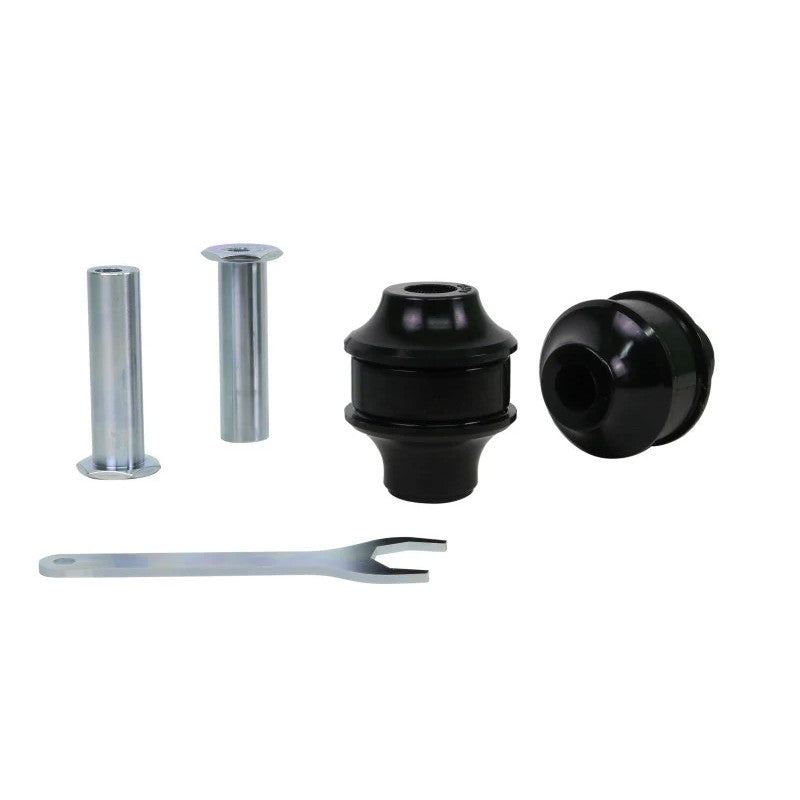 Whiteline KCA473 synthetic elastomer front radius arm lower bushings with internal grease reservoirs and mounting hardware.