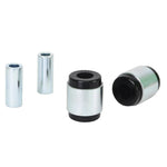 Whiteline W63614 synthetic elastomer rear toe arm outer bushings and tubes for Mazda MX-5 Miata and Fiat 124 Spider.