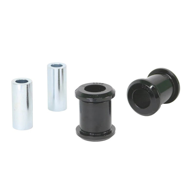 Whiteline W63612 rear trailing arm outer bushing kit featuring two yellow elastomer bushings and two metal sleeves.