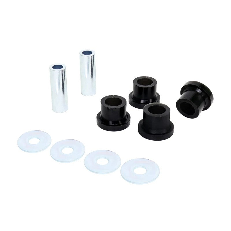 Whiteline KSR214 steering rack and pinion mount bushing kit featuring four bushings, two tubes, and four washers.
