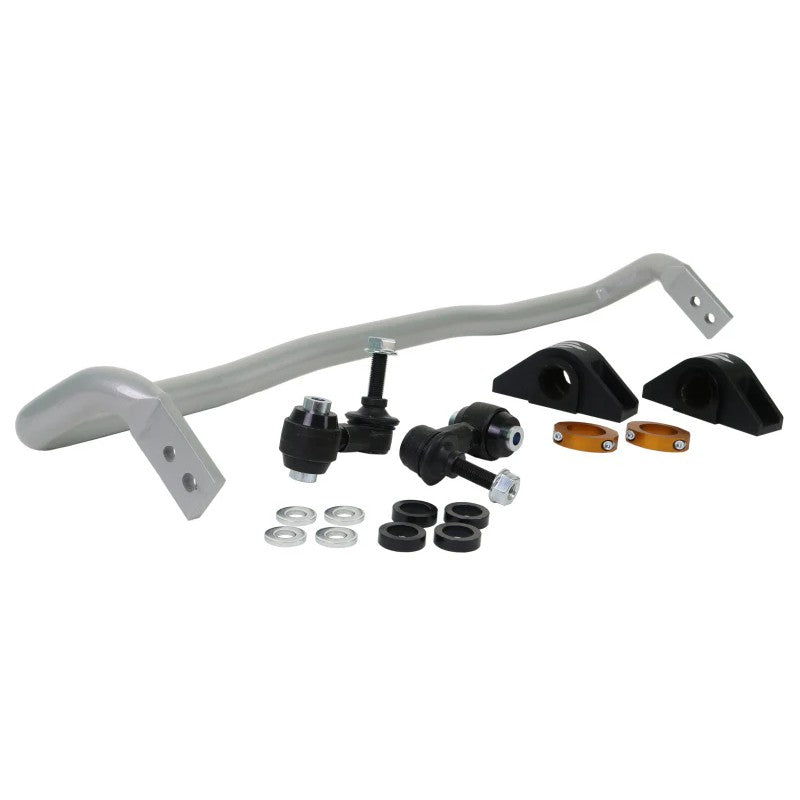 Whiteline 26mm heavy duty adjustable rear sway bar with blue synthetic elastomer bushings and mounting hardware.
