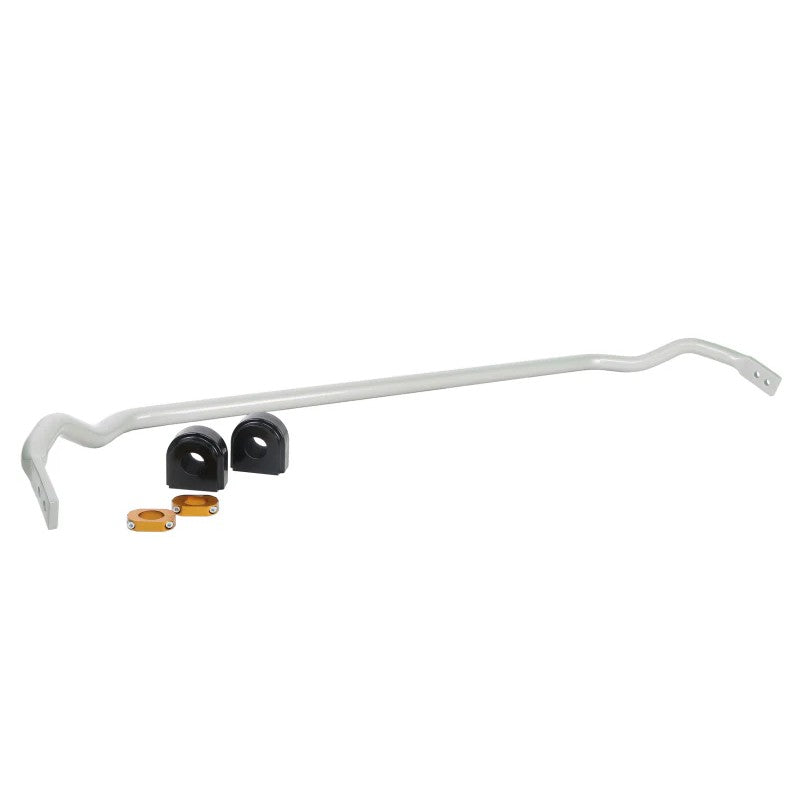 Whiteline 24mm silver powder-coated front adjustable sway bar with black synthetic elastomer bushings and hardware.