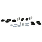 Whiteline W93546 body mount bushing set featuring black elastomer bushings and corrosion-resistant plated metal hardware.