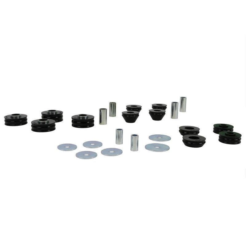 Whiteline W93546 body mount bushing set featuring black elastomer bushings and corrosion-resistant plated metal hardware.
