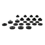 Whiteline synthetic elastomer body mount bushings and plated hardware for 1976-1979 Jeep CJ5 and CJ7.
