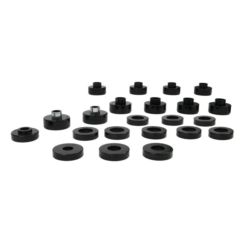 Whiteline synthetic elastomer body mount bushings and plated hardware for 1976-1979 Jeep CJ5 and CJ7.