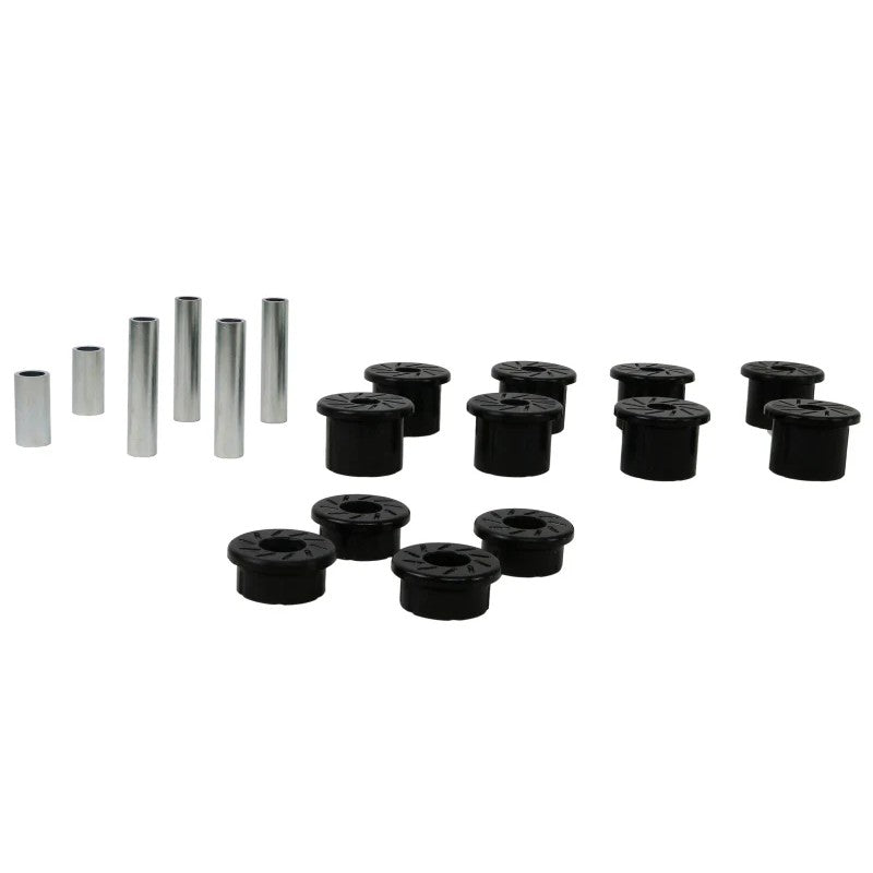 Whiteline W73815 red synthetic elastomer leaf spring eye and shackle bushing kit with molybdenum disulphide grease.