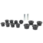 Whiteline black synthetic elastomer front leaf spring eye and shackle bushings for 1986-1995 Suzuki Samurai.