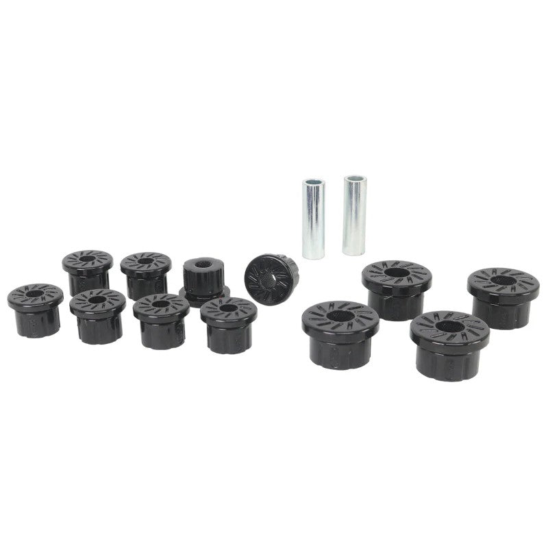 Whiteline black synthetic elastomer front leaf spring eye and shackle bushings for 1986-1995 Suzuki Samurai.