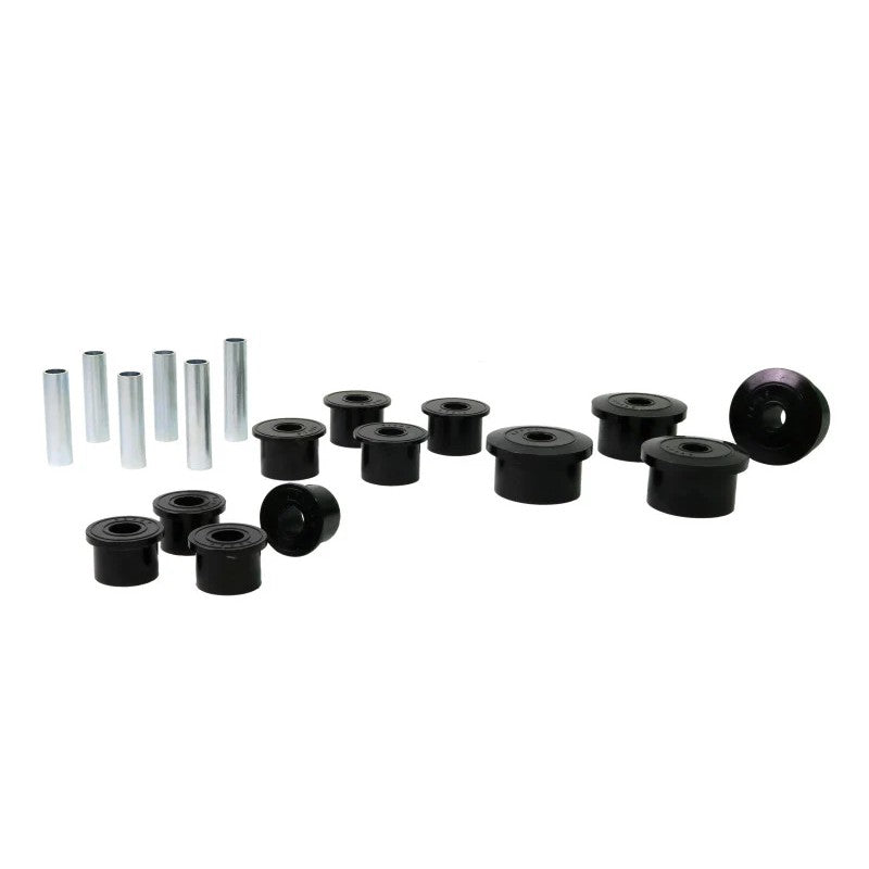 Whiteline W73819 red synthetic elastomer leaf spring eye and shackle bushings for Jeep Cherokee and Comanche.
