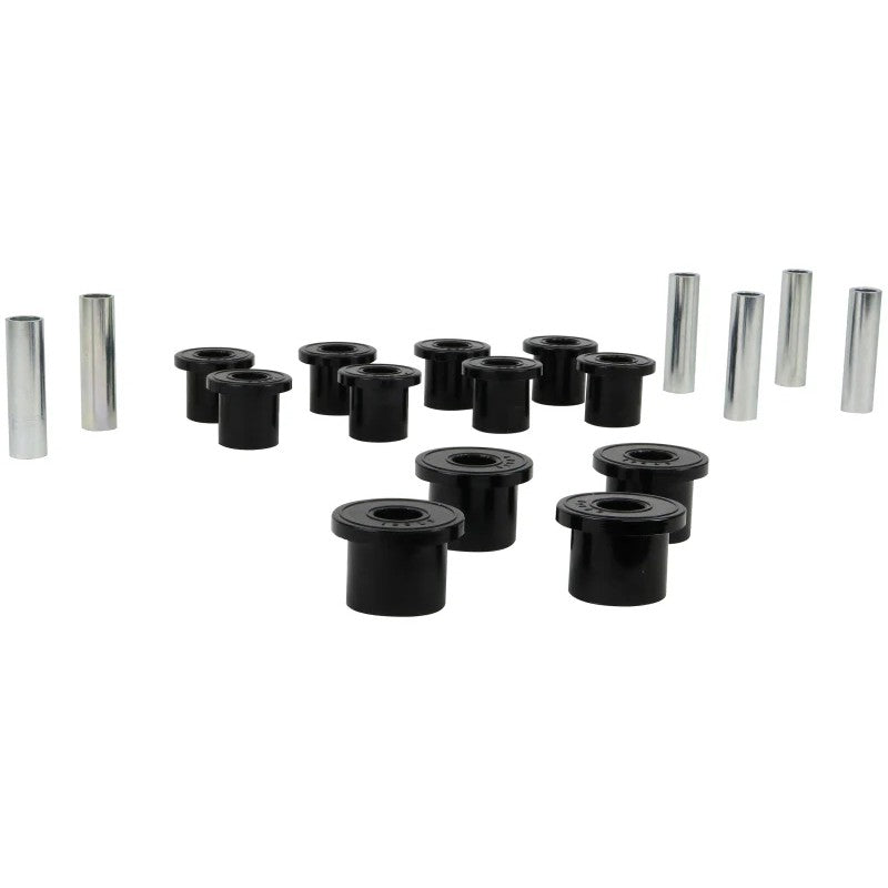 Whiteline W73820 red polyurethane leaf spring eye and shackle bushing kit for 1987-1995 Jeep Wrangler.