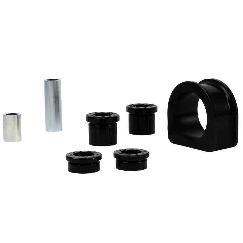 Whiteline W13398 steering rack bushing kit featuring yellow synthetic elastomer bushings and plated metal hardware.