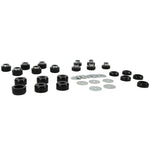 Whiteline W93547 body mount bushing kit for Jeep Wrangler featuring 22 black bushings and 11 flat washers.