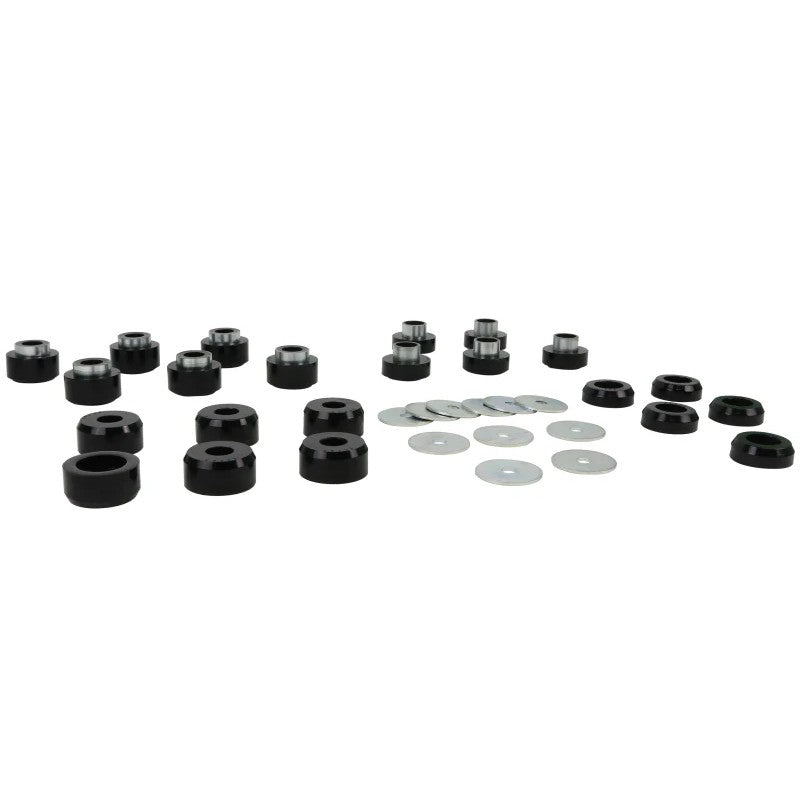 Whiteline W93547 body mount bushing kit for Jeep Wrangler featuring 22 black bushings and 11 flat washers.