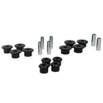 Whiteline W73821 black synthetic elastomer leaf spring eye and shackle bushing kit for Chevy and GMC trucks.