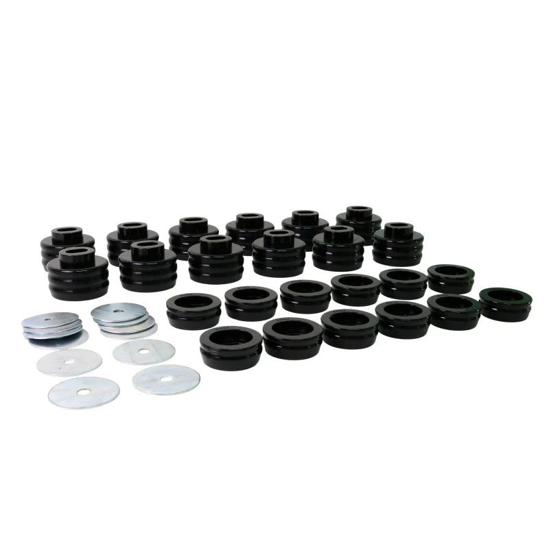 Whiteline W93553 body mount bushing kit featuring plated metal hardware and black synthetic elastomer bushings.