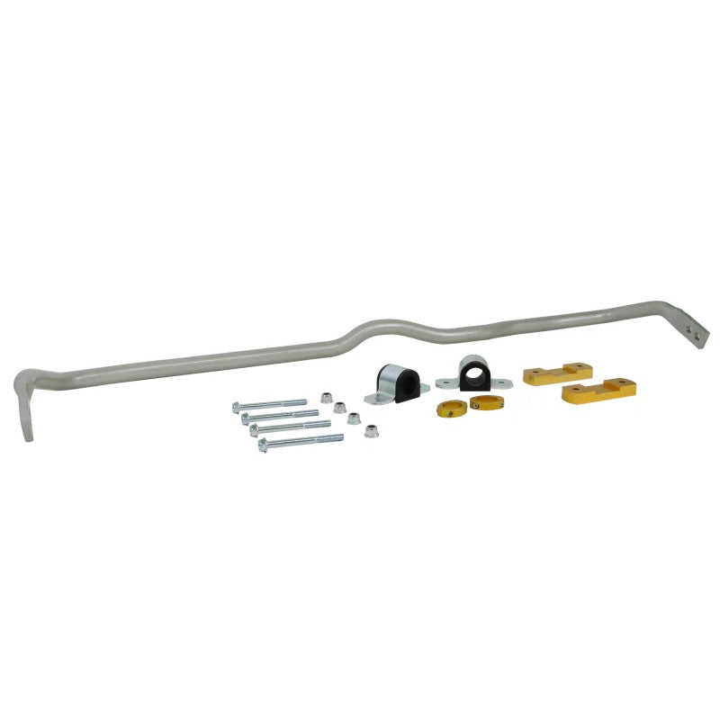 Whiteline 26mm front adjustable sway bar featuring forged ends, lateral locks, and a black powder coat finish.