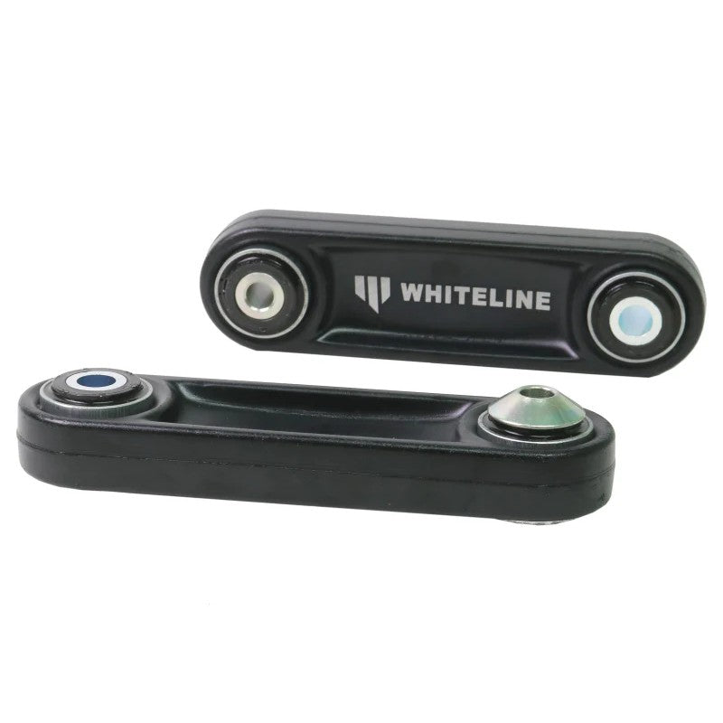 Pair of Whiteline black E-coated forged aluminum rear suspension vertical links with polymer bushings.