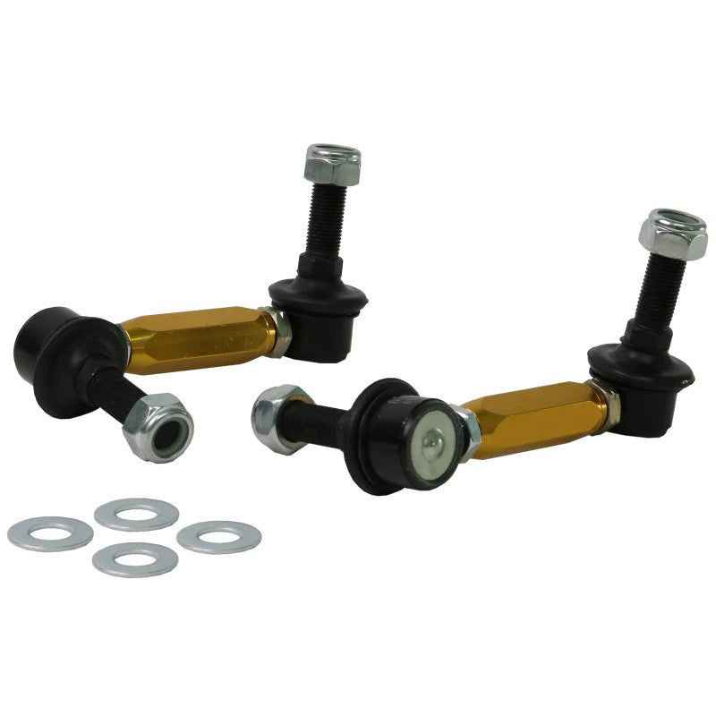 Whiteline KLC198 adjustable rear sway bar link assembly with heavy-duty steel ball joints and protective plating.