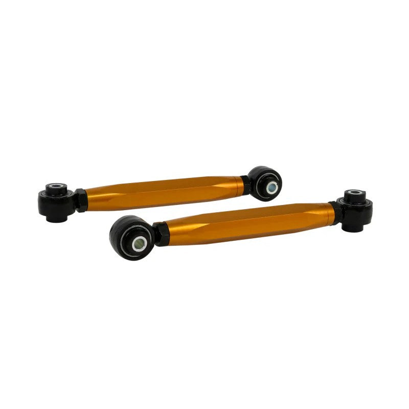 Whiteline KTA260 adjustable rear lower toe control arm featuring blue anodized alloy body and black elastomer bushings.