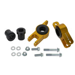 Whiteline KCA467 Front Anti-Lift Kit with gold anodized alloy mounts and black synthetic elastomer bushings.