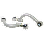 Pair of Whiteline heavy-duty black powder-coated adjustable rear control arms with silver turnbuckle adjusters.