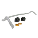 Whiteline BKF001Z 24mm silver powder-coated front sway bar with black mounting bushings and lateral locks.