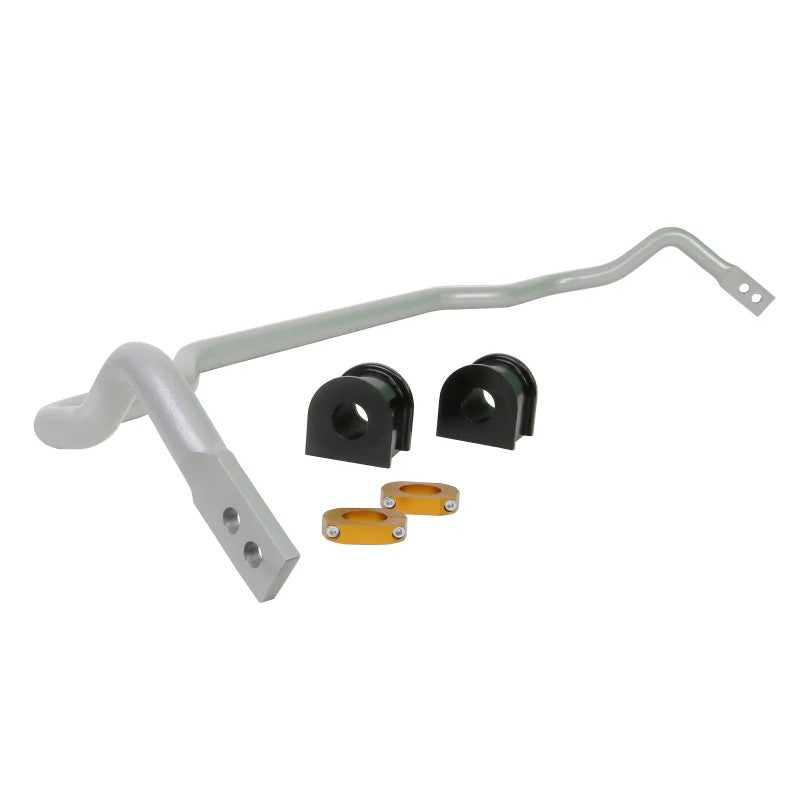 Whiteline BKF001Z 24mm silver powder-coated front sway bar with black mounting bushings and lateral locks.
