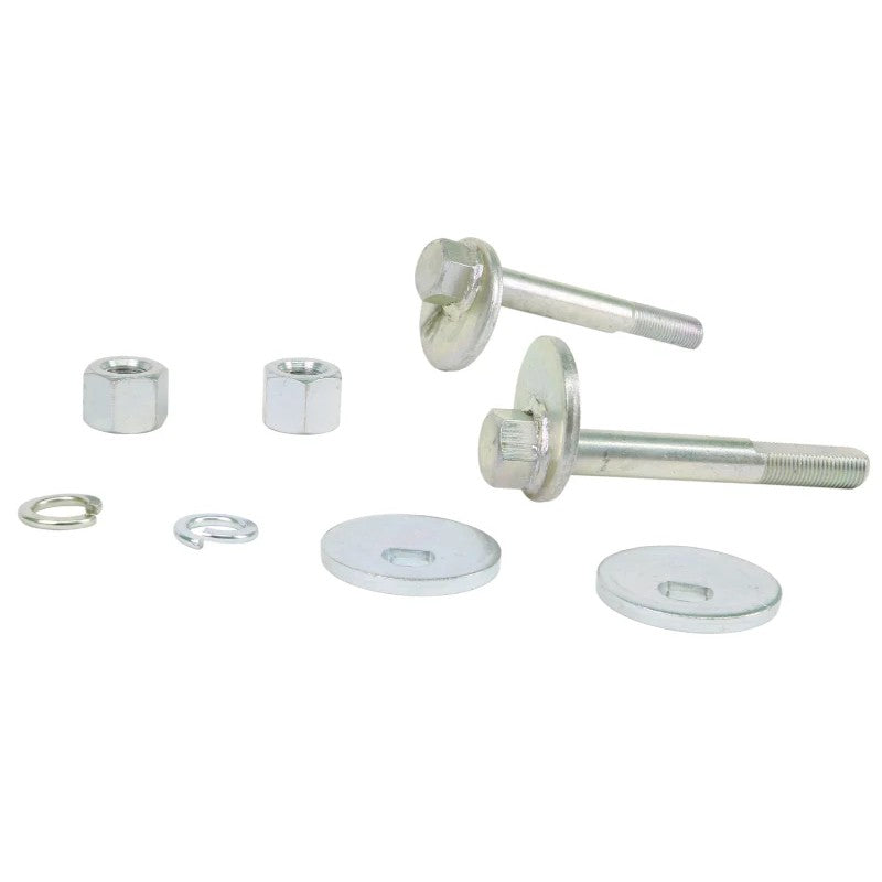 Whiteline KCA448 adjustable camber bolt with corrosion-resistant protective plating for Corvette and Mustang suspension.