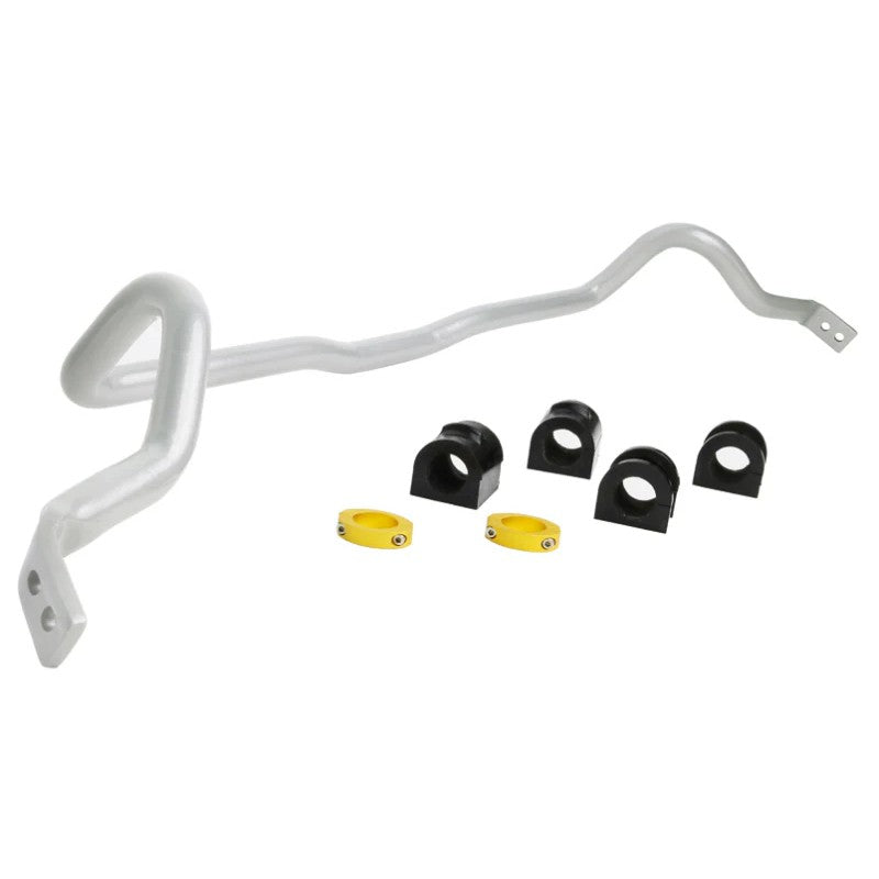 Whiteline BMF57Z silver 27mm adjustable front sway bar with yellow synthetic elastomer bushings and lateral locks.