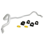 Whiteline BMF57Z silver 27mm adjustable front sway bar with yellow synthetic elastomer bushings and lateral locks.