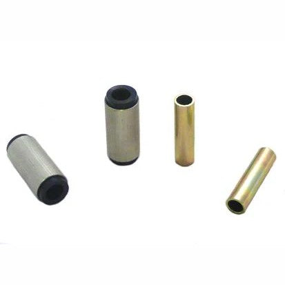 Whiteline W72133 black synthetic elastomer rear leaf spring bushing kit with metal sleeves and grease packet.