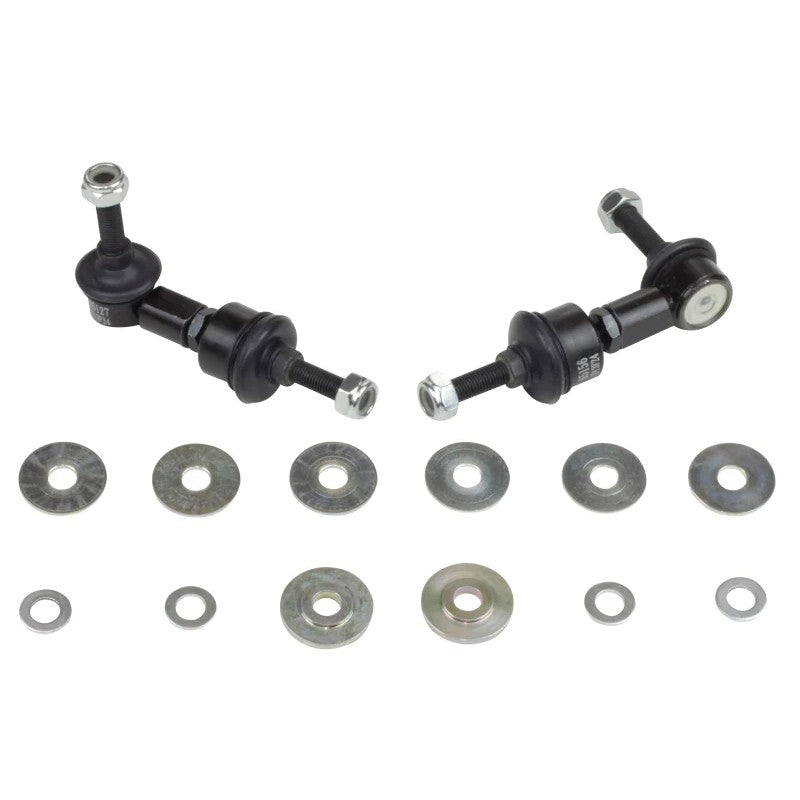 Whiteline KLC107 front adjustable sway bar links featuring silver anodized alloy bodies and steel ball joint ends.