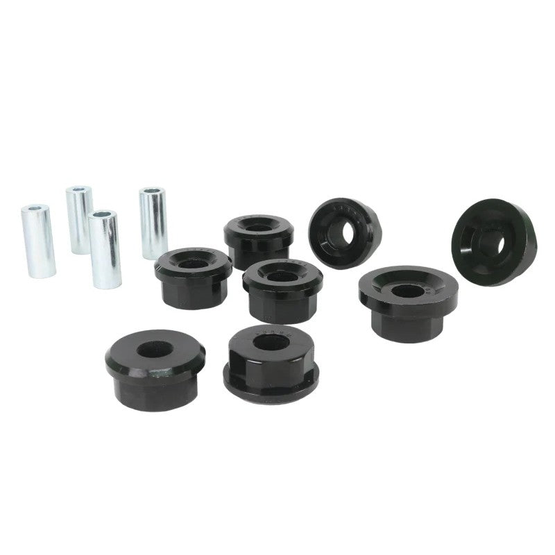 Whiteline KDT988 rear subframe mount bushing kit with yellow synthetic elastomer bushings, steel tubes, and grease packet.