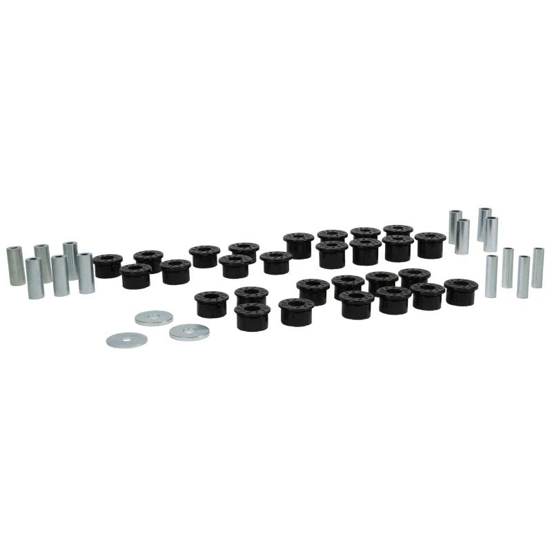 Whiteline Signature Black rear control arm bushing kit with installation hardware for Mazda Miata NA and NB chassis.
