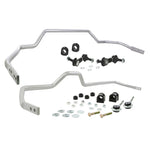 Whiteline BNK010 sway bar kit with silver powder-coated front and rear bars and black synthetic elastomer bushings.