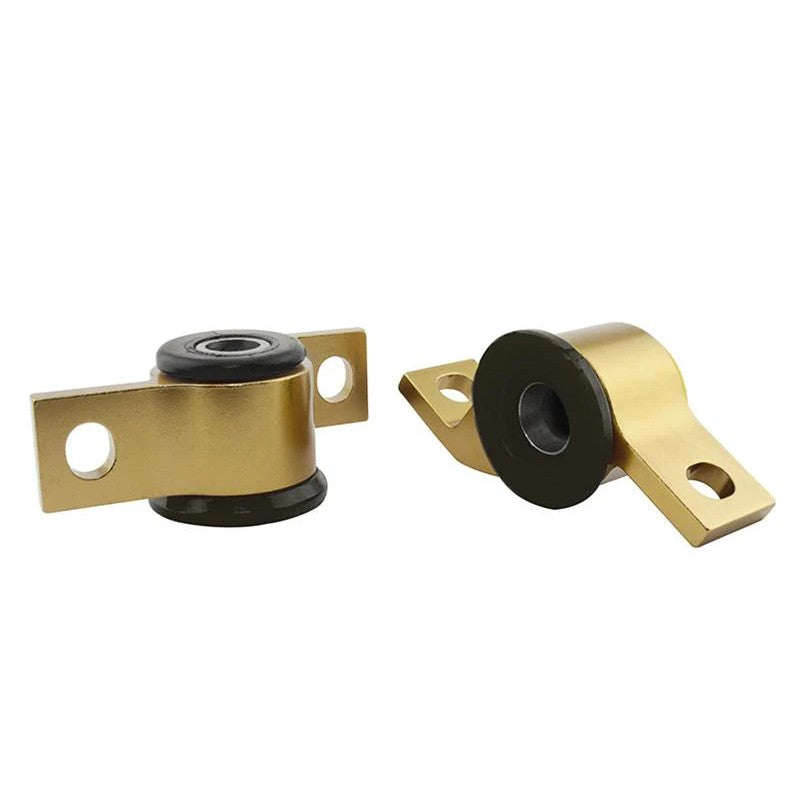 Whiteline KCA361 Anti Lift Kit with silver alloy mounts and yellow synthetic elastomer bushings for Subaru suspension.