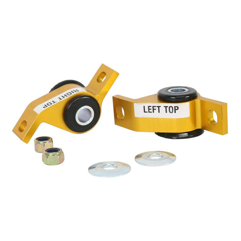 Whiteline KCA319A Anti-Lift Kit featuring gold anodized alloy mounts and blue synthetic elastomer bushings for Subaru.