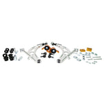 Whiteline KTA289 silver alloy front lower control arm kit with synthetic elastomer bushings and included endlinks.