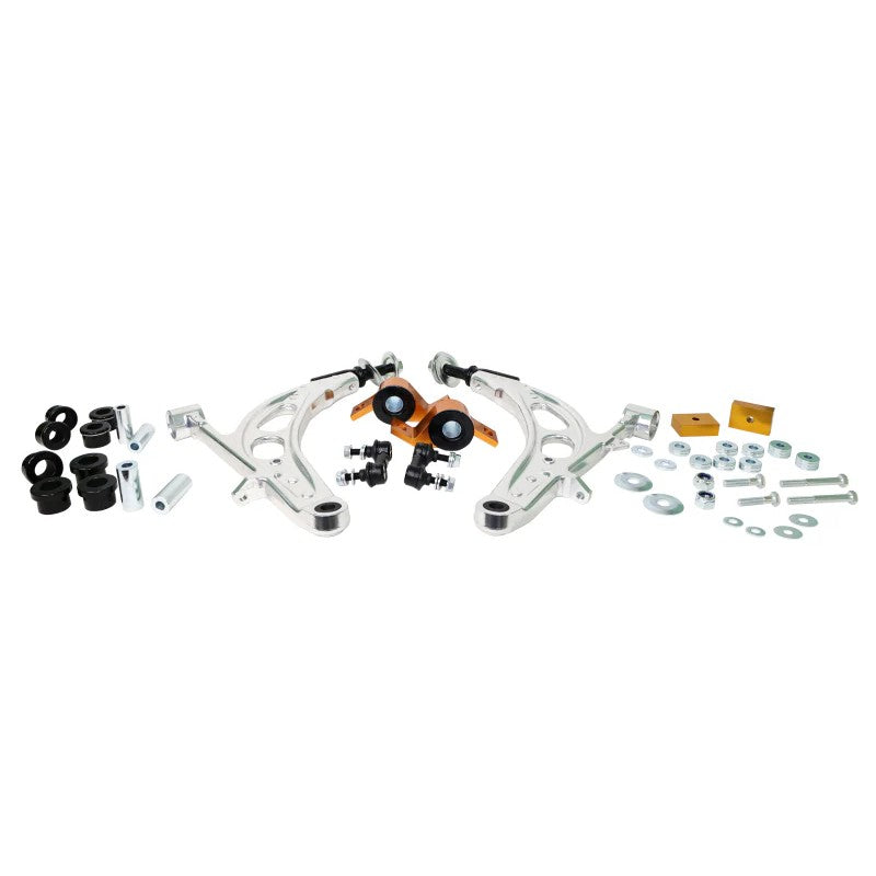 Whiteline KTA289 silver alloy front lower control arm kit with synthetic elastomer bushings and included endlinks.